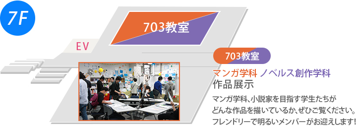 本館7階の703教室 マンガ学科、ノベルス学科の作品展示