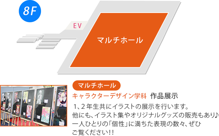 本館8階のマルチホール キャラクターデザイン学科の作品展示、オリジナルグッズの販売