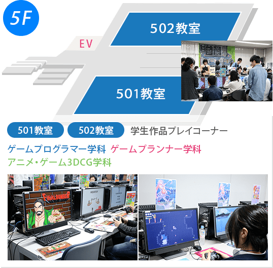 本館5階の501＆502教室 ゲームクリエイター3学科による学生作品プレイブース