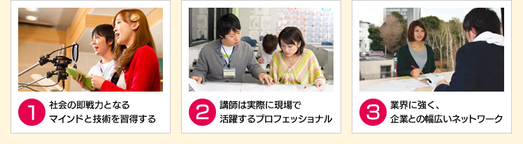 1.社会の即戦力となるマインドと技術を習得する 2.講師は実際に現場で活躍するプロフェッショナル 3.業界に強く、
企業との幅広いネットワーク